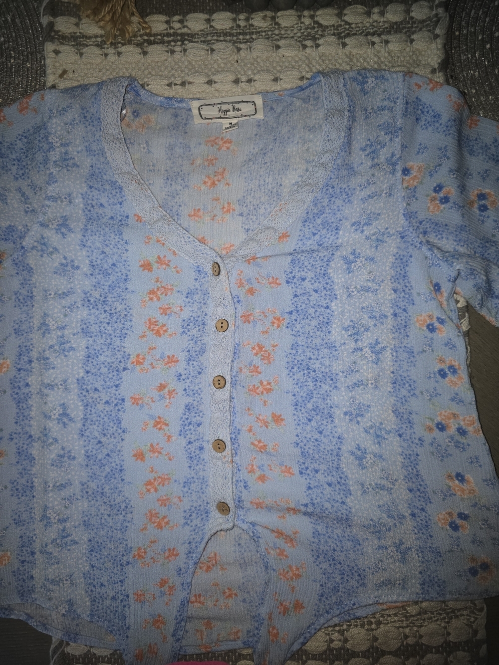 Hippie Rose Light Blue Floral Button-Up Top with Peach Accents